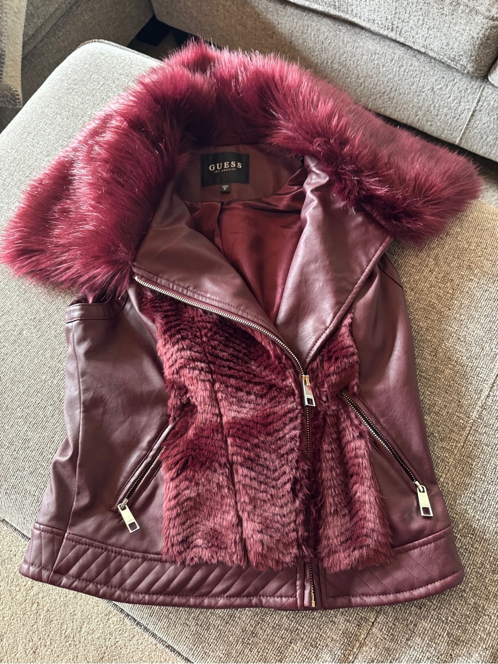 GUESS Women's Burgundy Faux Leather Jacket with Faux Fur Trim